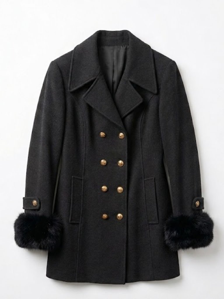 Vtg Wool Fur Tri Charcoal Gray Double Breasted Italian Luxury Women's Jacket M